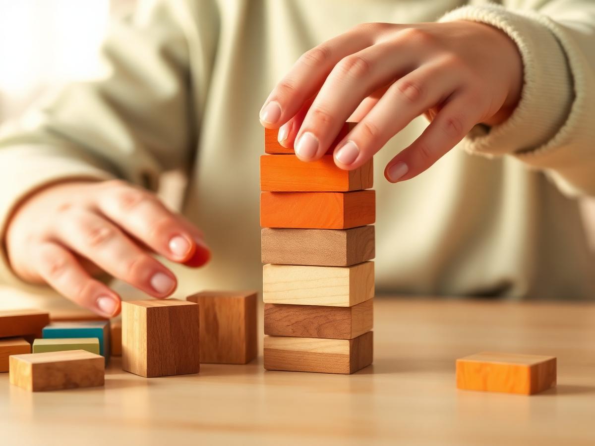 Child's hands stacking wooden blocks during an occupational therapy session
